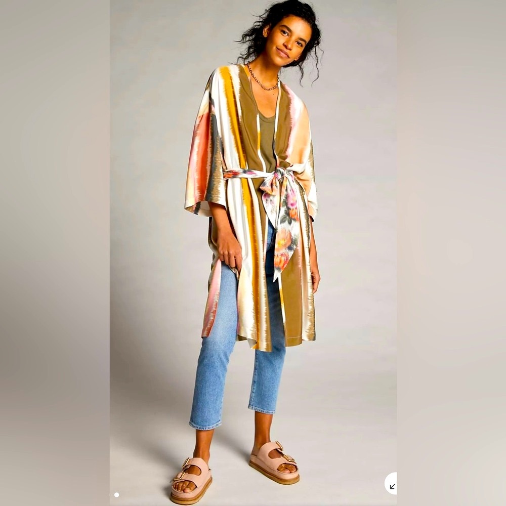 Anthropologie Mignon Doo Watercolor Kimono One Size Belted, Pink, Gold, Ivory